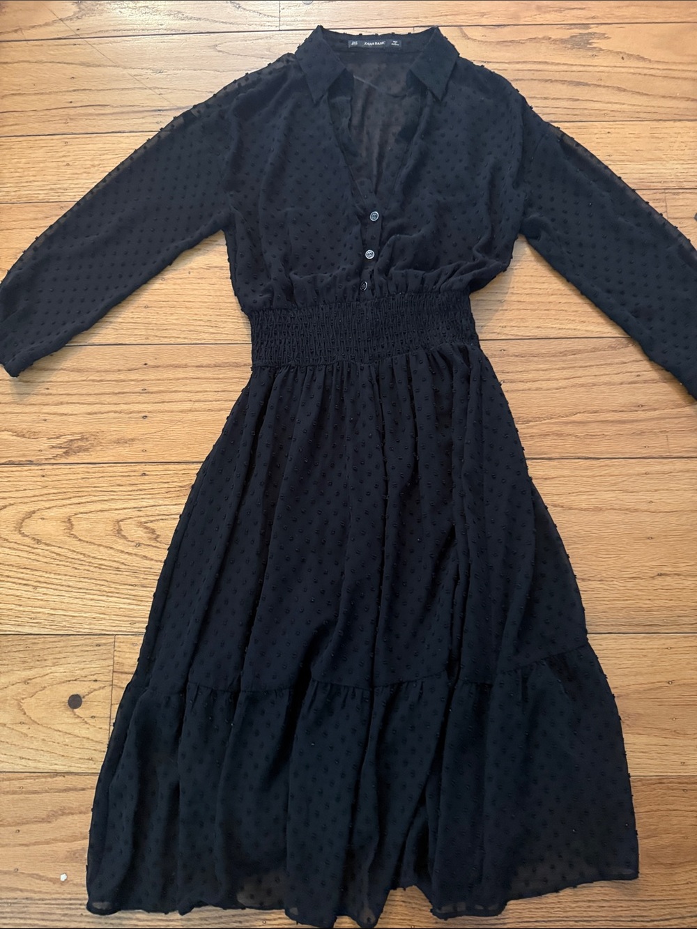 Zara Black Long Sleeve Smocked Waist Midi Dress with Textured Dot